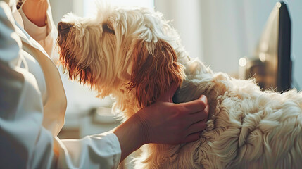 Closeup shot of veterinarian hands checking dog by stethoscope in vet clinic. AI Generated. - obrazy, fototapety, plakaty