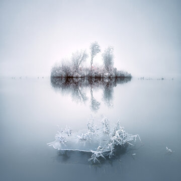Frozen trees on an island in the middle of a lake, County Cavan, Ulster, Ireland