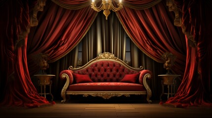 ornate red velvet theater sofa - obrazy, fototapety, plakaty