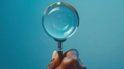 Curiosity Unveiled: Hand with Magnifying Glass on Serene Blue Backdrop.