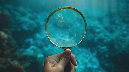 Exploring the Underwater World. Hand with Magnifying Glass Observing Large Aquarium.
