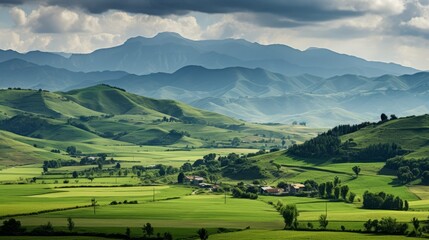 Fototapeta na wymiar idyllic rural scenery of a valley with distant mountains