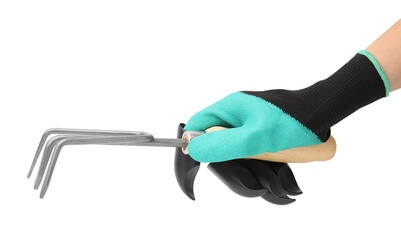 Woman in claw gardening glove holding rake on white background, closeup