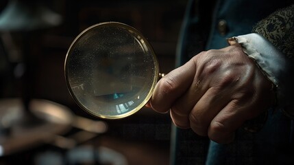 Inquisitive Old Man Hand Holding Magnifying Glass, Close-Up Investigation.
