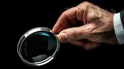 Inquisitive Old Man Hand Holding Magnifying Glass, Close-Up Investigation.