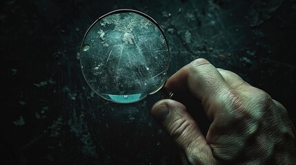 Aged Hand Holding Magnifying Glass Against Dark Background. - obrazy, fototapety, plakaty