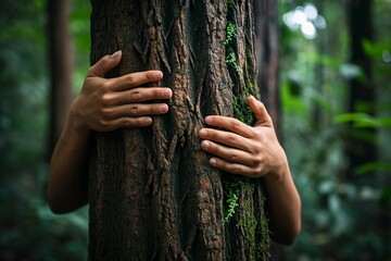 hands hugging the trunk of a tree - obrazy, fototapety, plakaty