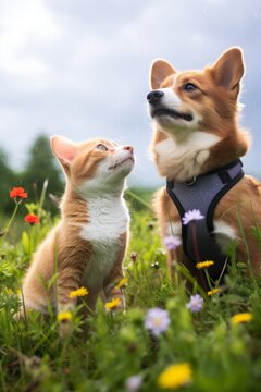 A ginger cat and a corgi are sitting in a field of flowers looking up at something
