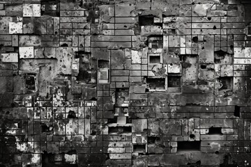 Black and white photo of a brick wall with bullet holes