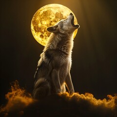 Fototapeta premium Majestic Wolf Howling at the Golden Moon. Generative ai