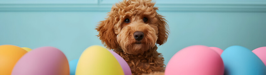 Fototapeta premium Brown Dog Standing in Front of Colorful Eggs