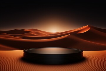 Podium for product show in desert sunset landscape