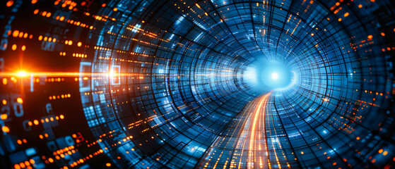 Digital tunnel speeding through a network of futuristic technology, symbolizing the fast-paced flow of information