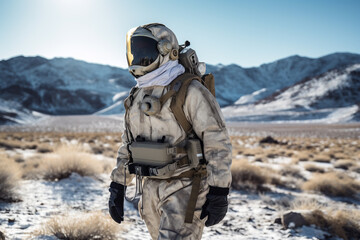 A man in protective gear, consisting of a helmet and goggles, exploring the desert landscape