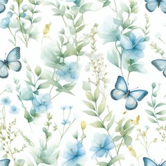 Fototapeta na wymiar Whimsical watercolor seamless pattern symphony with lavender butterflies and blooms