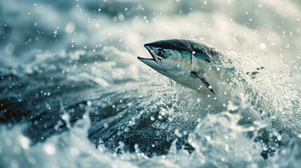 Tuna leaping out of water as a tsunami approaches a moment of grace under natures fury