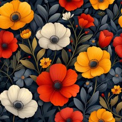 Blooming boho elegance seamless pattern, a tapestry of wildflowers in midnight hues