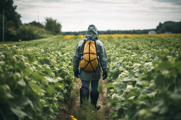 Fototapeta premium A person with a backpack walking through a field of pesticide treated crops