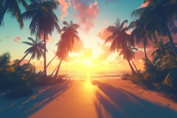 Fototapeten Tropical beach sunset with palm trees © Molostock