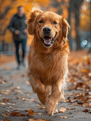 A golden retriever is energetically running down a sidewalk covered in fallen leaves. The dogs fur shines in the sunlight as its paws kick up leaves behind it