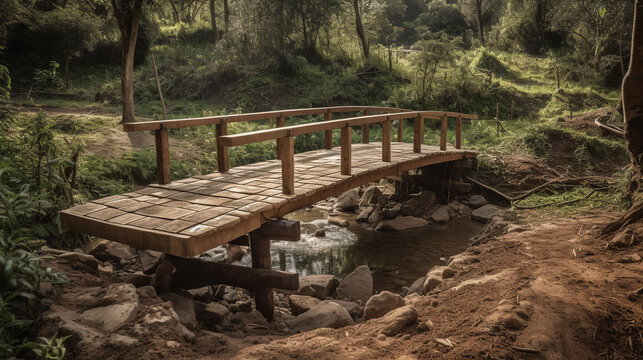 A wooden bridge partially constructed spans a stream in a lush forest setting