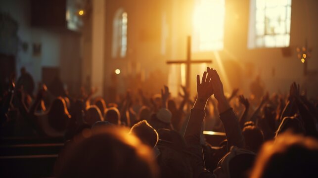 Capturing divine moments: church worship concept Christians, raised hands, earnestly pray and worship to cross in the sacred ambiance of a church building, expressing faith and spiritual connection.