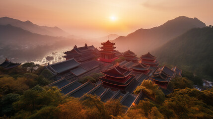 Aerial view of a Asian temple nestled in the mountains at sunrise - obrazy, fototapety, plakaty