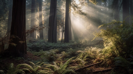 A forest filled with tall trees and dense ferns, creating a lush and green landscape - obrazy, fototapety, plakaty