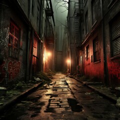 A dark and gloomy alleyway with graffiti on the walls and a single light source in the distance