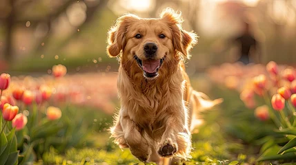 Fotobehang A dog joyfully runs through a vast field filled with colorful flowers under the bright sun. Golden retriever dog running in the park with young won man in the background with spring tulips blooming © lublubachka
