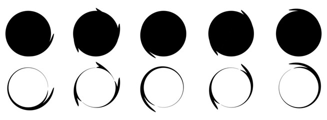 Vector set of hand drawn grungy frames. Blank grunge brush paint ink in circles frame illustration.