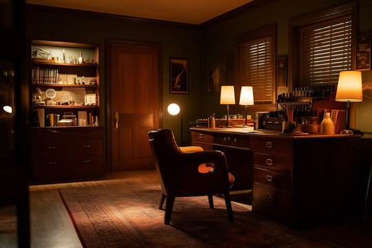 A retro office setting featuring a desk and chair under warm lighting