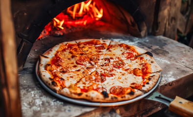 Pepperoni pizza emerges from a wood-fired oven, its cheese melting and crust golden-brown.