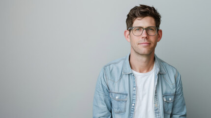 smiling man wearing glasses, a light blue denim jacket, and a white shirt, standing against a plain light background. - obrazy, fototapety, plakaty