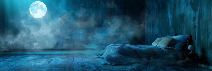 Bed with blue bedding and pillows in a mysterious foggy room with full moon visible through the window