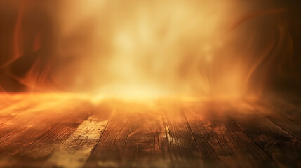 Warm light illuminating a rustic wooden surface, creating an ethereal atmosphere with misty smoke tendrils curling upwards, ideal for backgrounds or mystical settings.  - obrazy, fototapety, plakaty