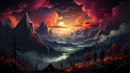 Fantasy landscape with mountains and on the background of the moon