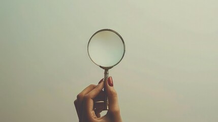 Exploring Curiosity: Woman's Hand with Magnifying Glass on Calm Background. - obrazy, fototapety, plakaty