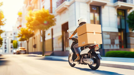 Delivery person on a scooter, wearing a white helmet, swiftly transports packages through a sunlit city street lined with modern buildings and trees.