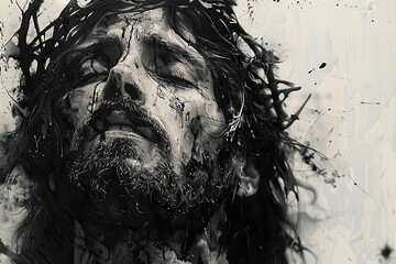 jesus wearing crown of thorns poster, in the style of expressive brush strokes - obrazy, fototapety, plakaty