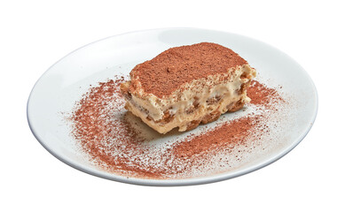 Floating White plate with sweet italian dessert tiramisu