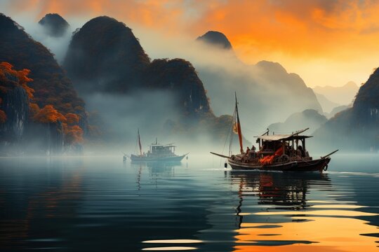 Foggy morning in Halong bay, Vietnam. Landscape with traditional boats