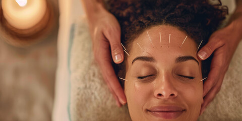 A woman enjoys a calming acupuncture treatment on her face - obrazy, fototapety, plakaty