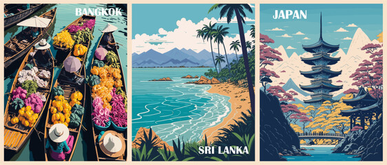 Naklejka premium Set of Travel Destination Posters in retro style. Bangkok, Thailand, Sri Lanka, Japan Tokyo prints. Exotic summer vacation, holidays concept. Vintage vector colorful illustrations.