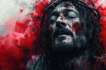 jesus wearing crown of thorns poster, in the style of expressive brush strokes