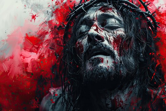 jesus wearing crown of thorns poster, in the style of expressive brush strokes