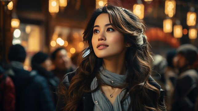 Portrait of beautiful young woman with long wavy hair in evening street.