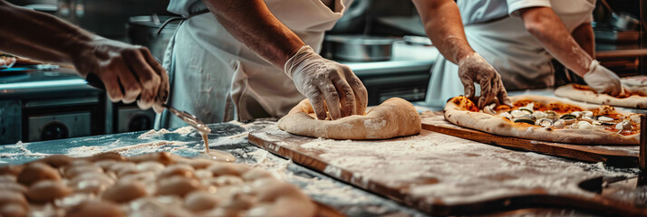 Chefs hand-stretching pizza dough in a bustling kitchen - obrazy, fototapety, plakaty
