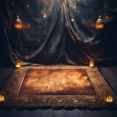 Ornate oriental carpet on wooden floor with dark blue draped curtain background with glowing lanterns