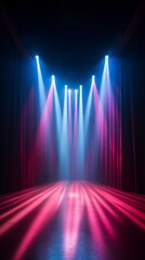 Pink and blue stage lights on a theater stage with a dark background - obrazy, fototapety, plakaty